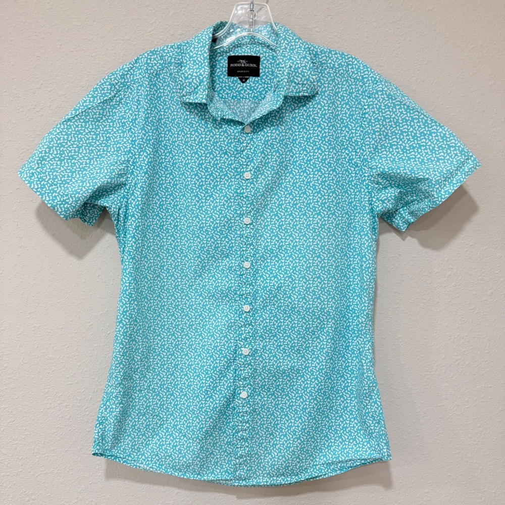 Rodd & Gunn Shirt Medium Turquoise Blue White Print Coastal Preppy Sports Fit
